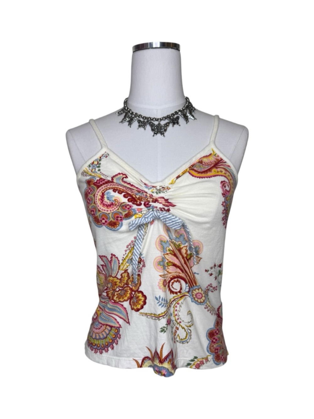 Y2K Tommy Hilfiger Floral Paisley Cream Cami Ruched Bow Top Size Large